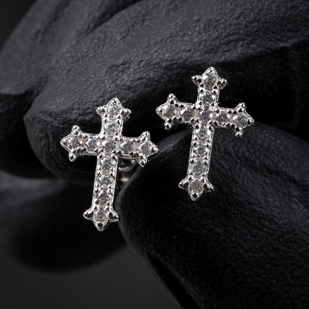 White Gold Sterling Silver Men's Small Iced Cz Mini Cross Stud Earrings
